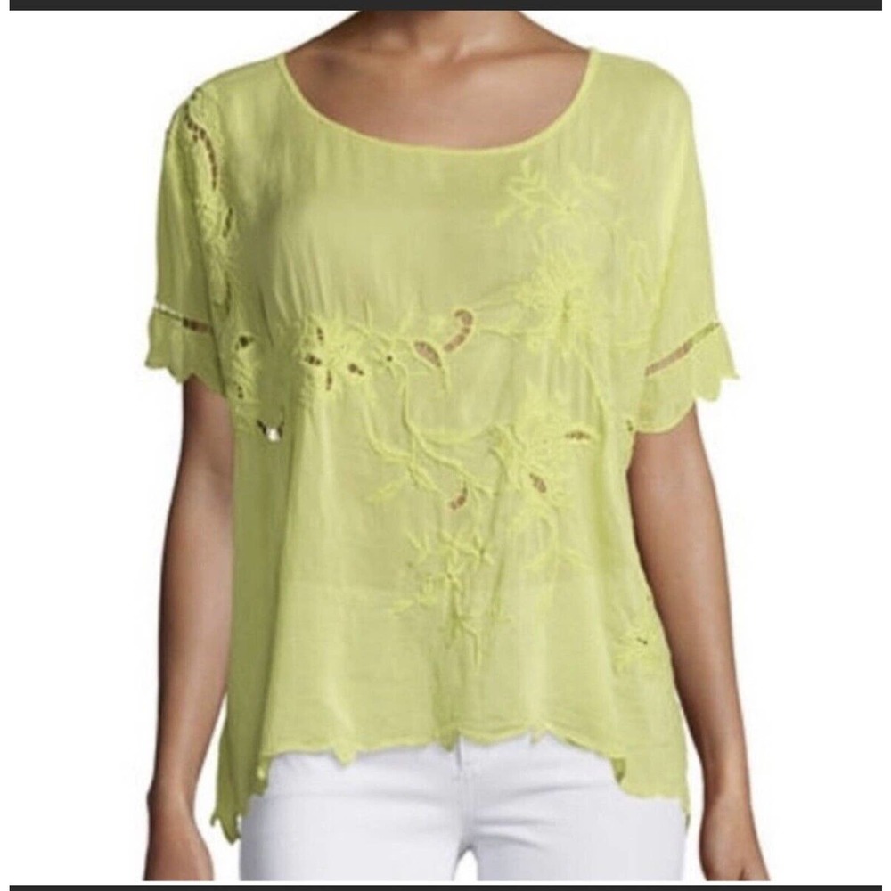 Johnny Was Lime Green Embroidered Short Sleeve Blouse